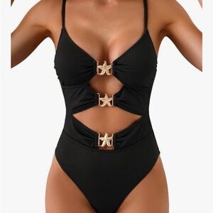 Black Cutout Swimsuit with Gold Accents